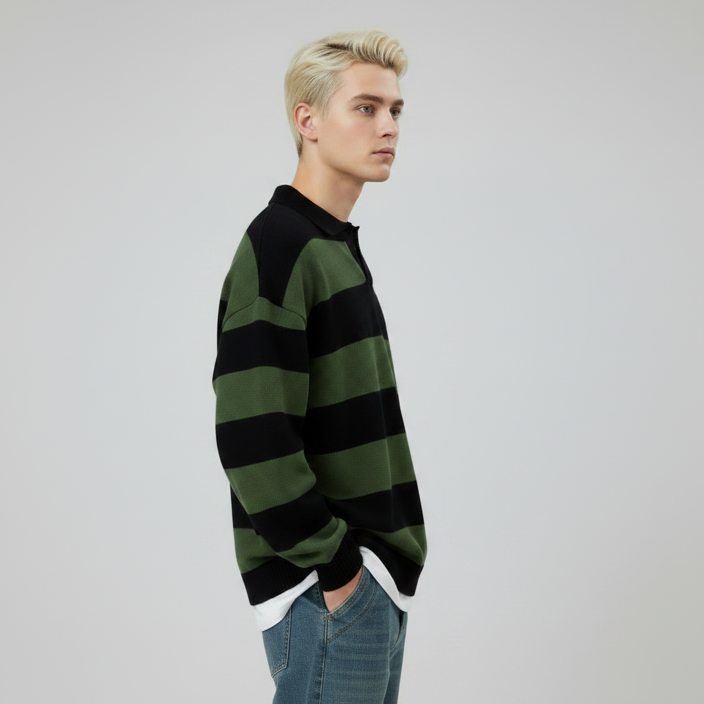 Men's Casual V-Neck Contrast Stripe Long-Sleeve Knit Pullover