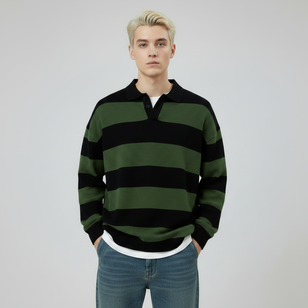 Men's Casual V-Neck Contrast Stripe Long-Sleeve Knit Pullover