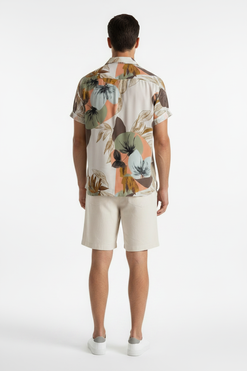 Conjunto de praia masculino com cardigan casual, camisa estampada de mangas curtas