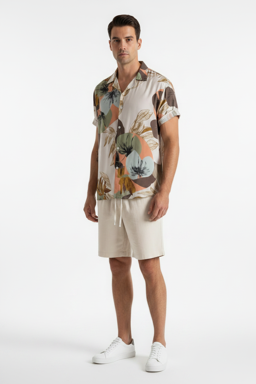Conjunto de praia masculino com cardigan casual, camisa estampada de mangas curtas