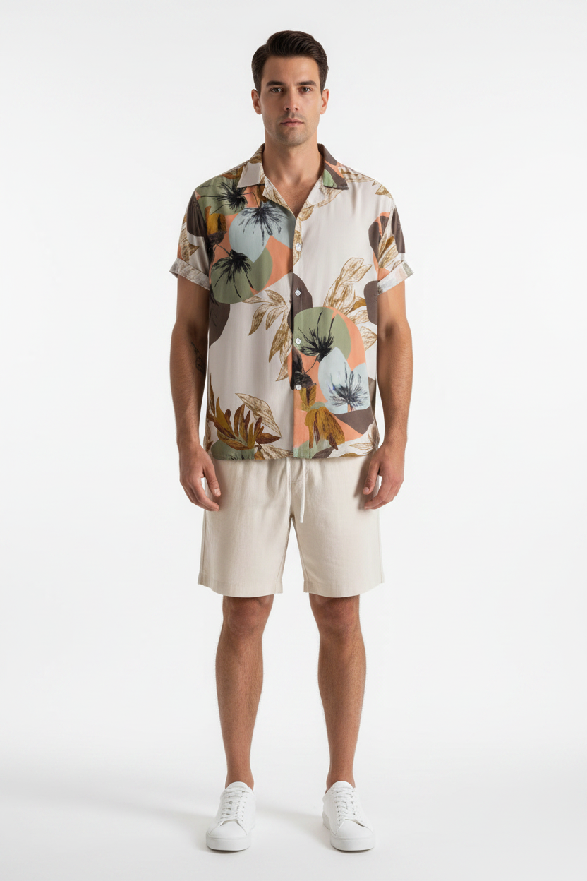Conjunto de praia masculino com cardigan casual, camisa estampada de mangas curtas