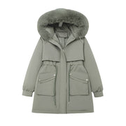 Women's Fur-Lined Hooded Mid-Length Down Parka Coat
