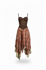 Brown Corset Top & Plaid Asymmetrical Skirt 2-Piece Set
