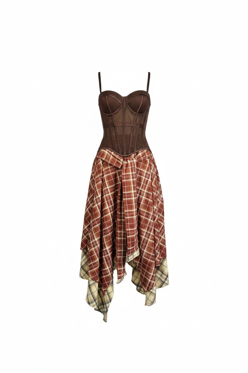 Brown Corset Top & Plaid Asymmetrical Skirt 2-Piece Set