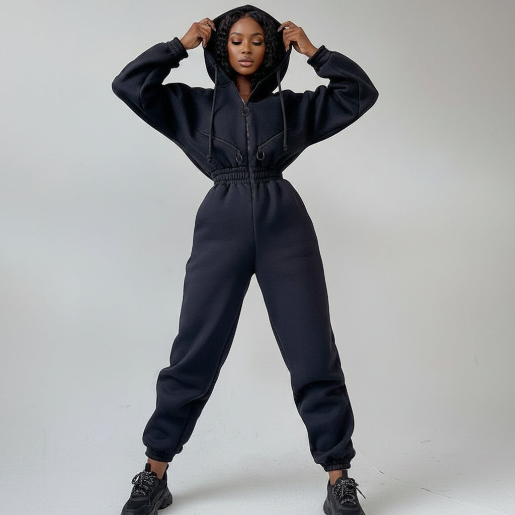 Women's Casual Basic Hoodie Two-Piece Set with Zip & Drawstring
