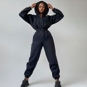 Women's Casual Basic Hoodie Two-Piece Set with Zip & Drawstring
