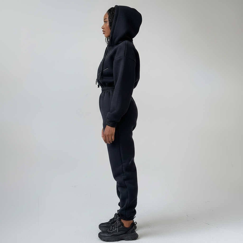 Women's Casual Basic Hoodie Two-Piece Set with Zip & Drawstring