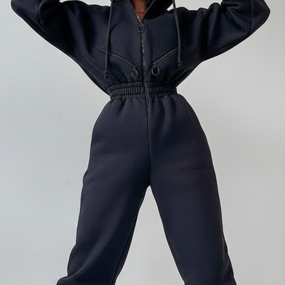 Women's Casual Basic Hoodie Two-Piece Set with Zip & Drawstring