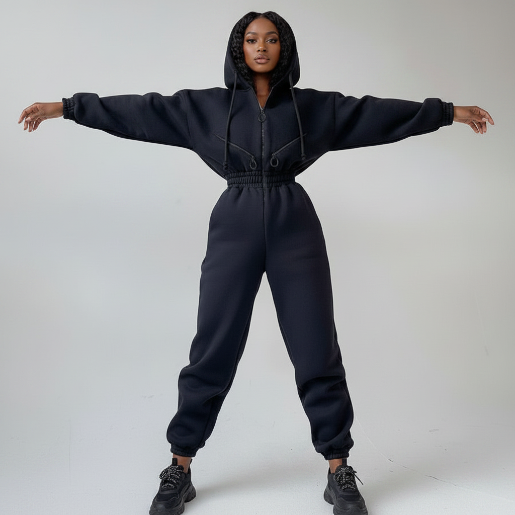 Women's Casual Basic Hoodie Two-Piece Set with Zip & Drawstring