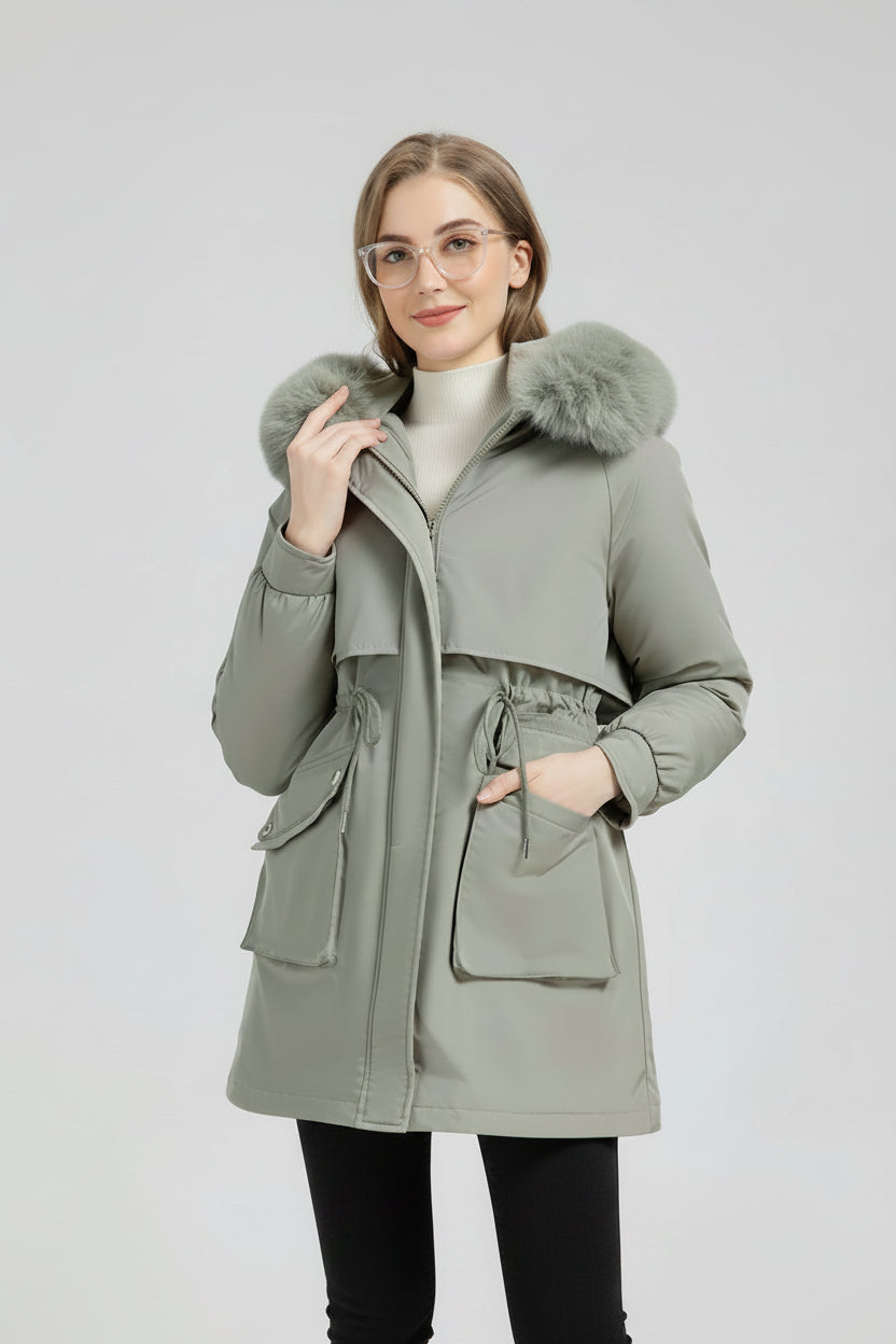 Women's Fur-Lined Hooded Mid-Length Down Parka Coat