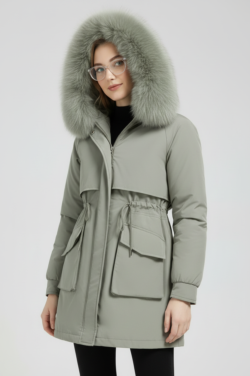 Women's Fur-Lined Hooded Mid-Length Down Parka Coat