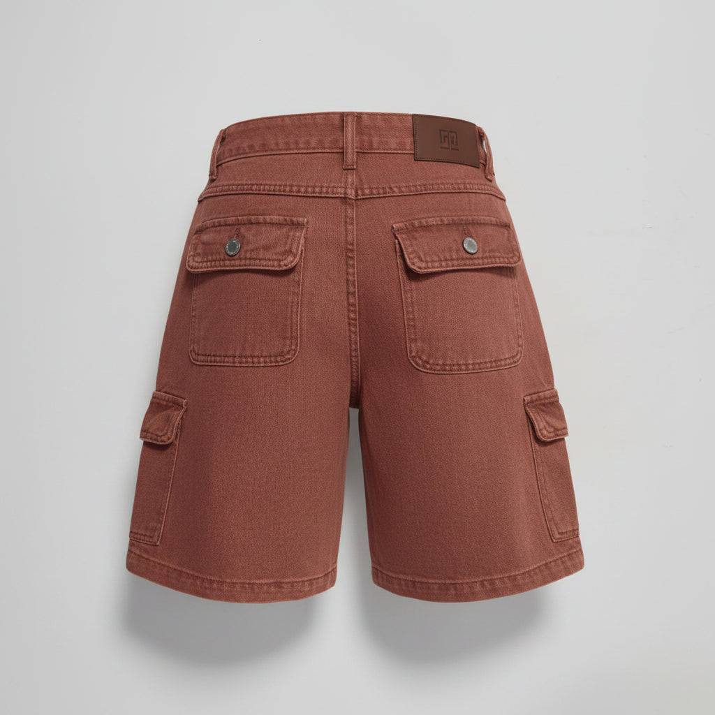 Women's Vintage Washed Red Cargo Denim Shorts, High Waist Straight Leg Knee Length Multi-Pocket Bermuda Jeans